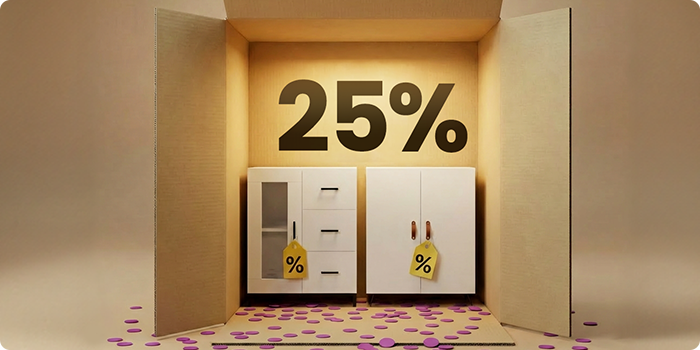 Comode și dulapuri albe moderne, prezentate într-un decor tip cutie, cu reducere de 25% la mobilierul de depozitare