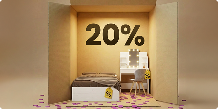 Mobilier modern de dormitor cu pat alb și masă de toaletă bej, prezentate într-un decor tip cutie, cu reducere de 20% la articolele esențiale de dormitor.