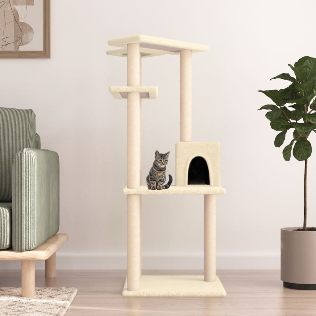 vidaXL Ansamblu de pisici cu stâlpi din funie de sisal, crem, 123 cm