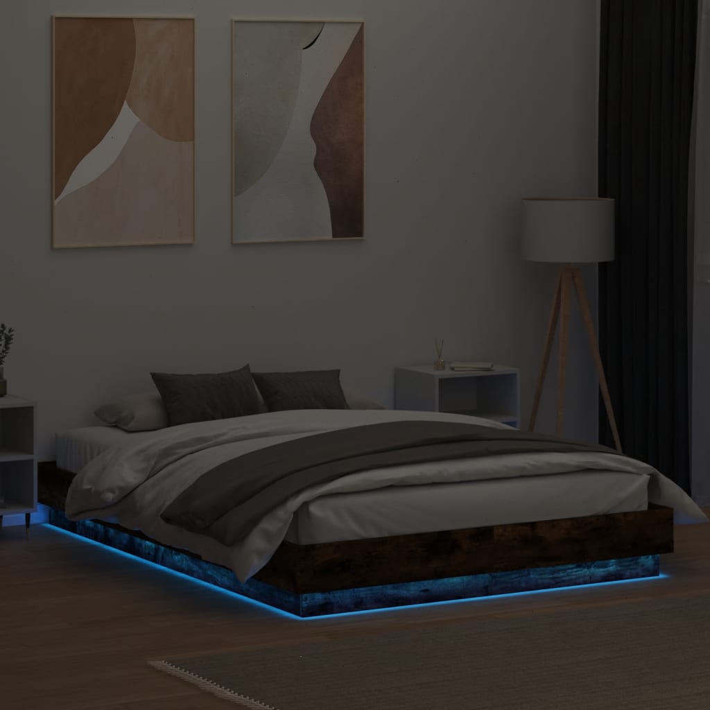 vidaXL Cadru de pat cu lumini LED, stejar fumuriu, 160x200 cm