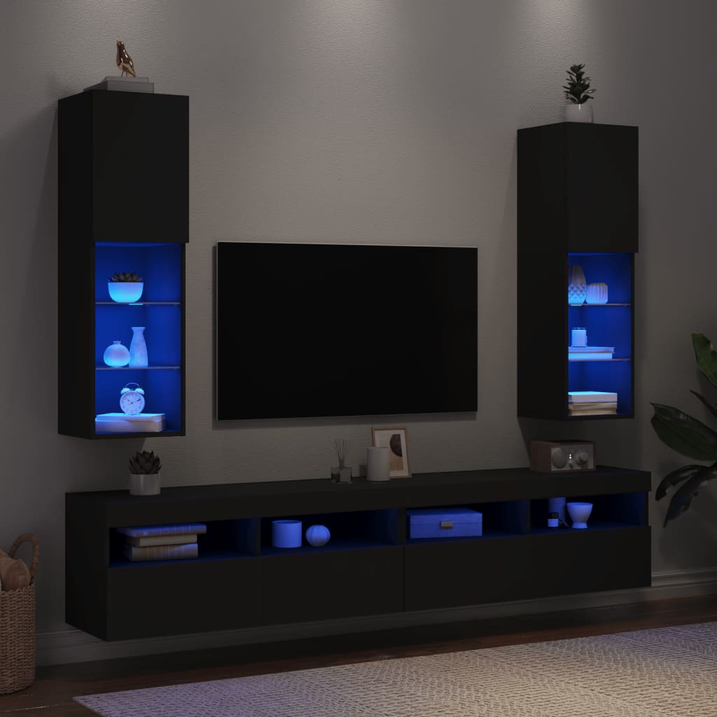 vidaXL Comode TV cu lumini LED, 2 buc., negru, 30,5x30x102 cm