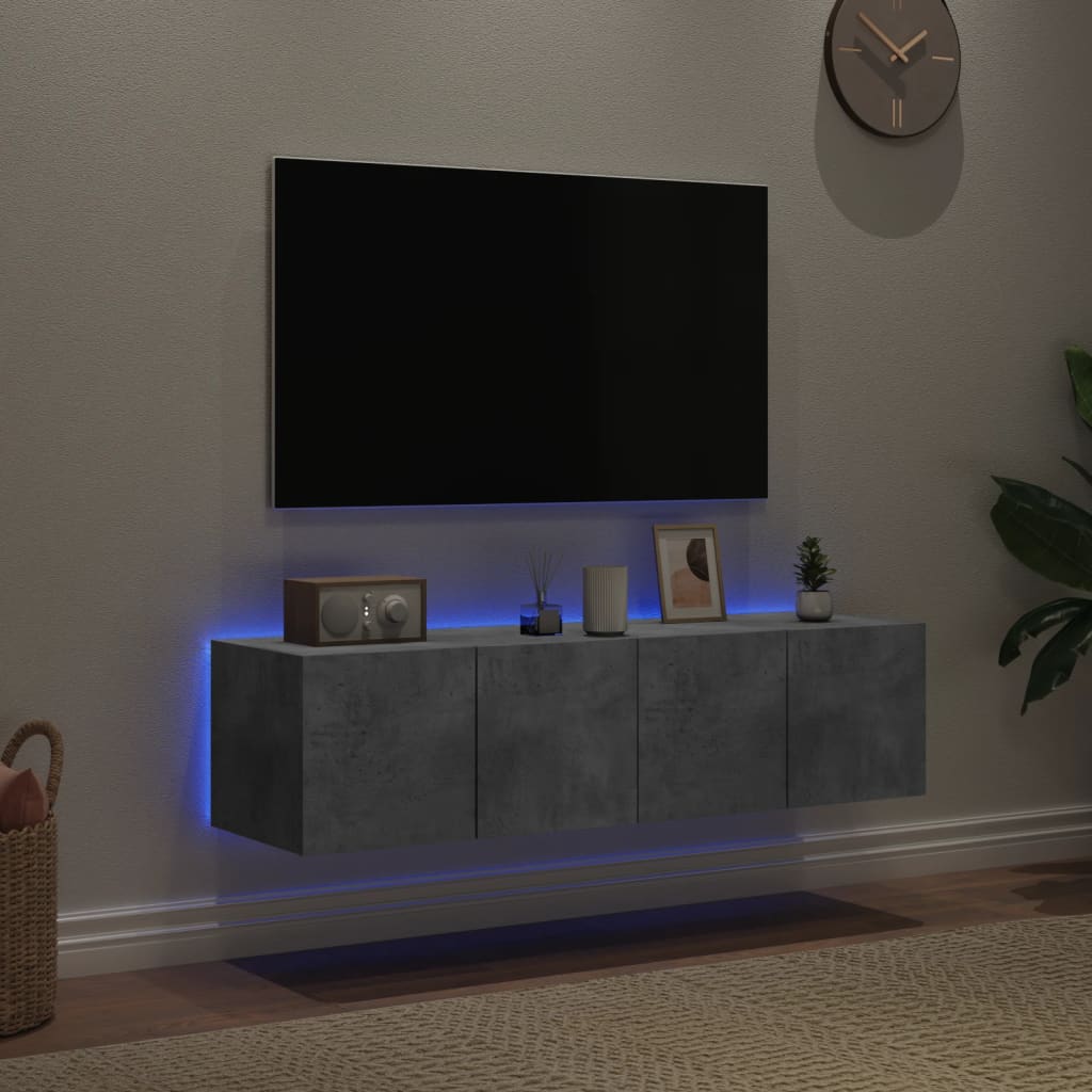 vidaXL Comode TV de perete cu lumini LED 2 buc. gri beton 60x35x31 cm