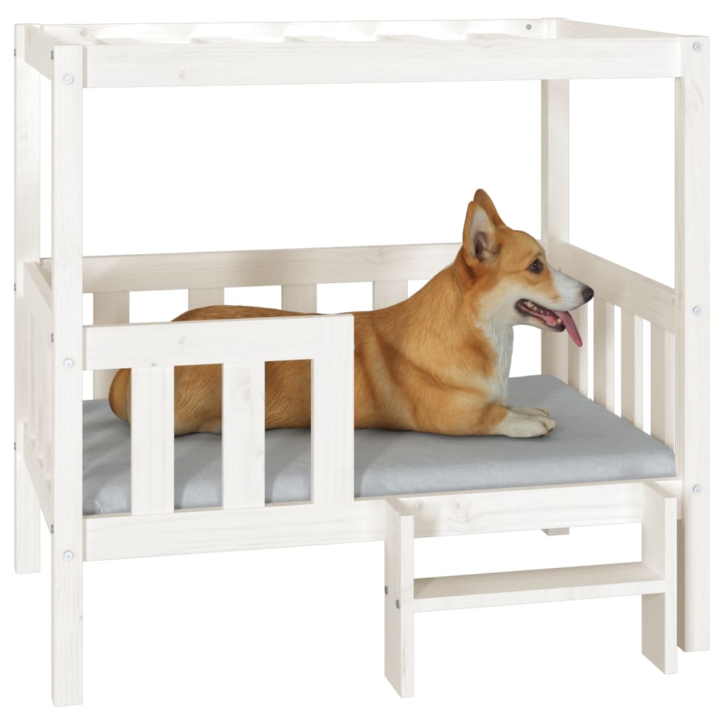 vidaXL Pat pentru câini, alb, 95,5x73,5x90 cm, lemn masiv de pin