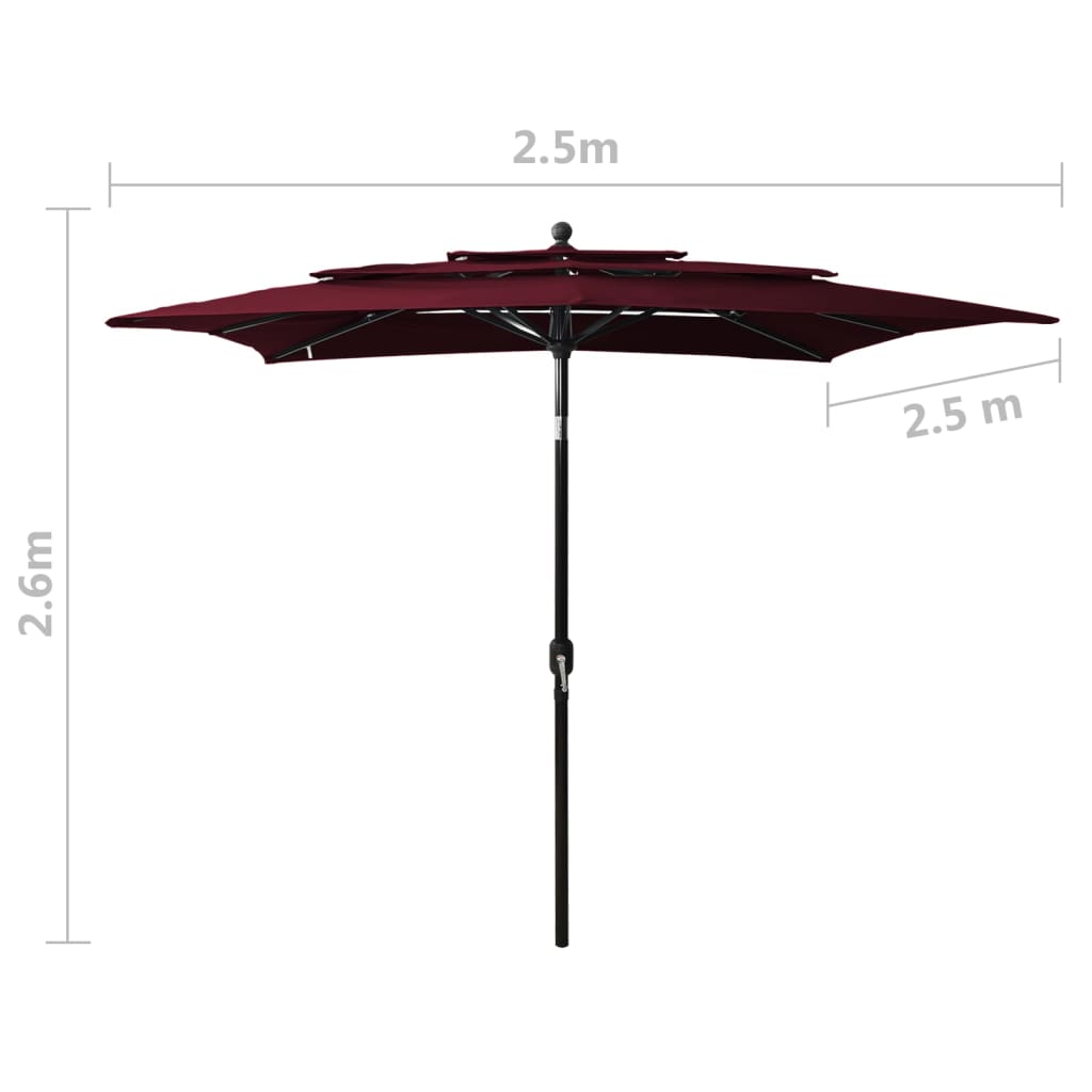 vidaXL Umbrelă de soare 3 niveluri stâlp aluminiu roșu bordo 2,5x2,5 m