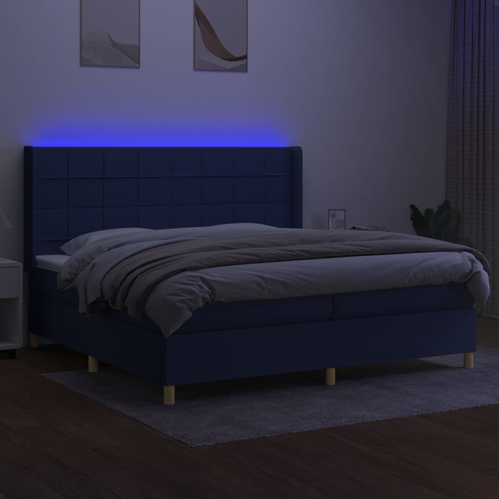 vidaXL Pat cu arcuri, saltea și LED, albastru, 200x200 cm, textil