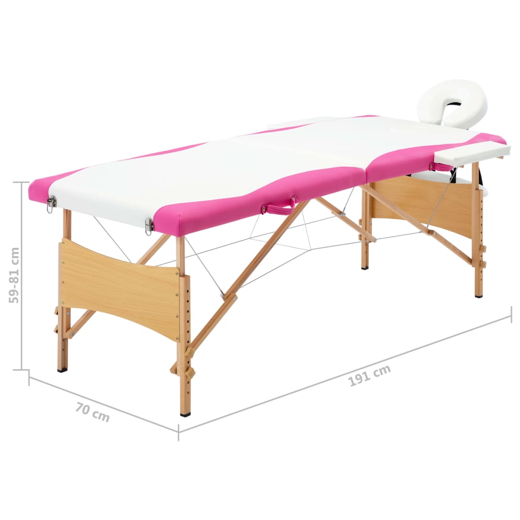vidaXL Masă pliabilă de masaj, 2 zone, alb și roz, lemn