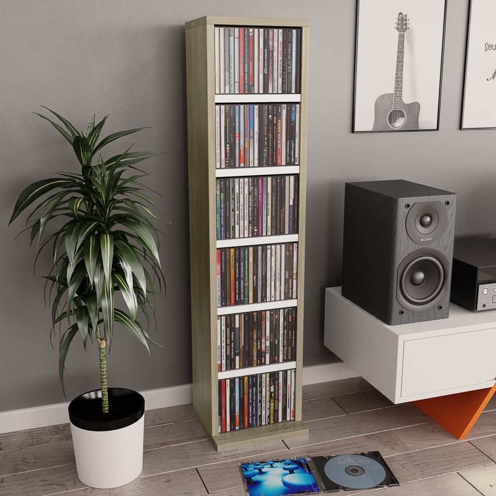 vidaXL Dulap CD-uri, alb și stejar sonoma, 21x20x88 cm, lemn compozit