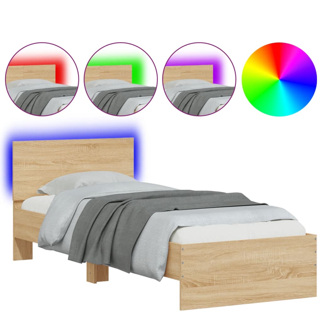 vidaXL Cadru de pat cu tăblie și lumini LED, stejar sonoma, 75x190 cm