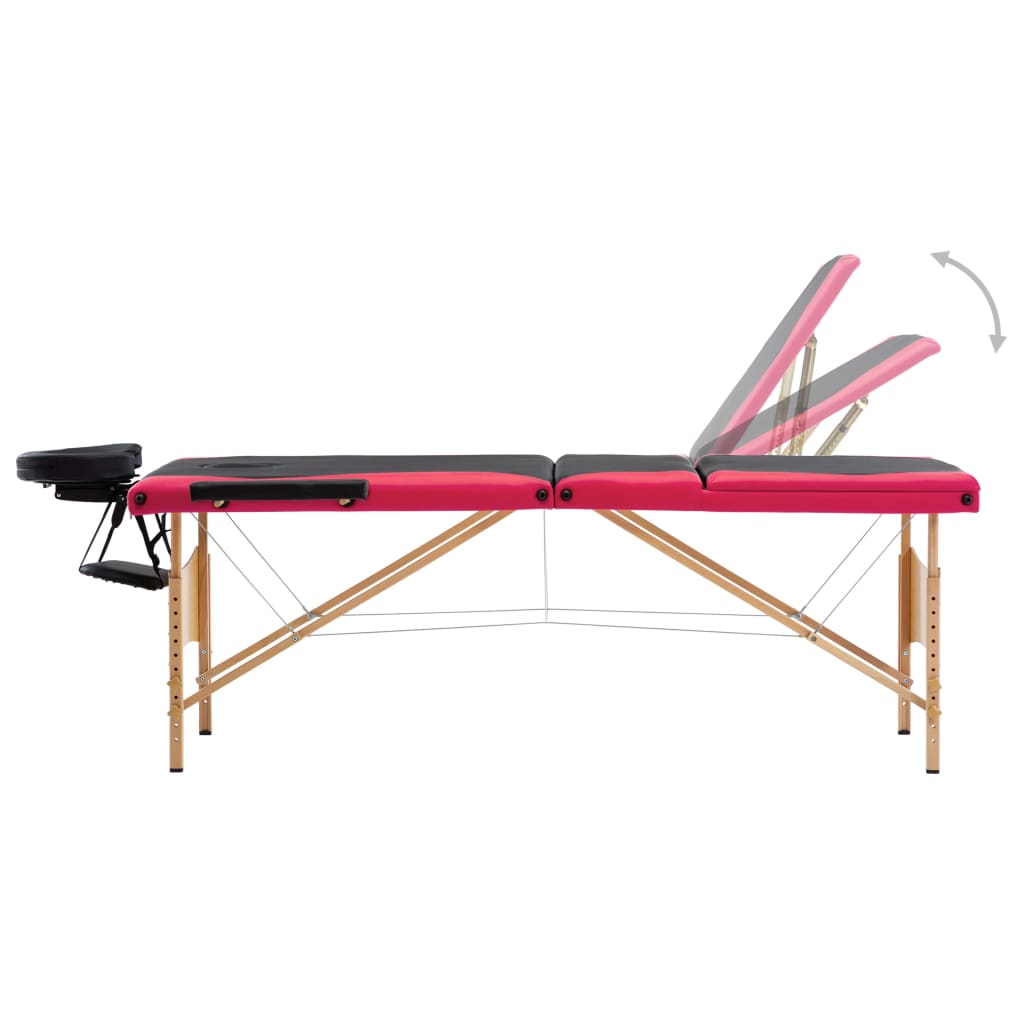 vidaXL Masă pliabilă de masaj, 3 zone, negru și roz, lemn