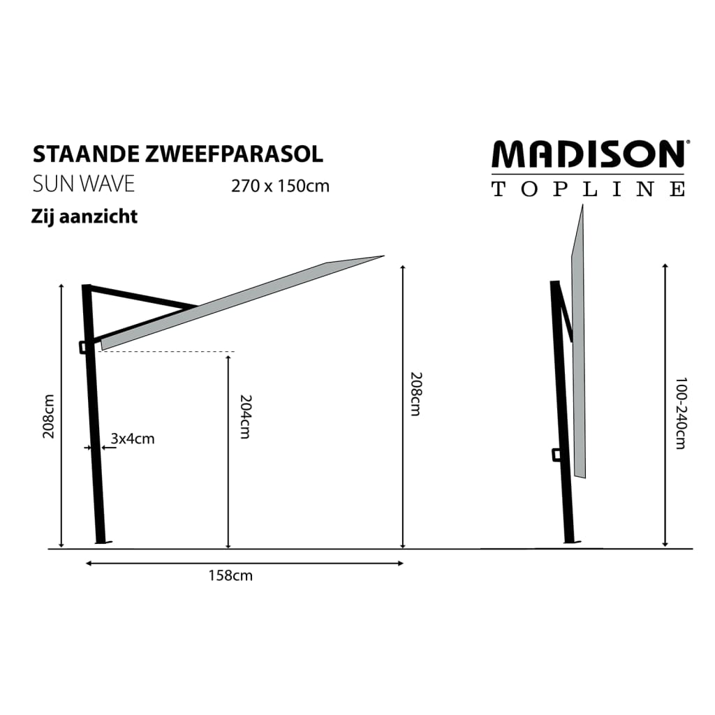 Madison Umbrelă de soare balcon Sun Wave, gri, 270x150 cm, PAC3P014