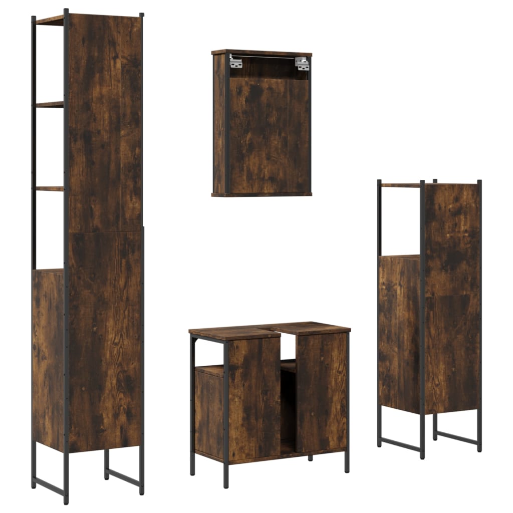 vidaXL Set mobilier de baie, 4 piese, stejar fumuriu, lemn prelucrat