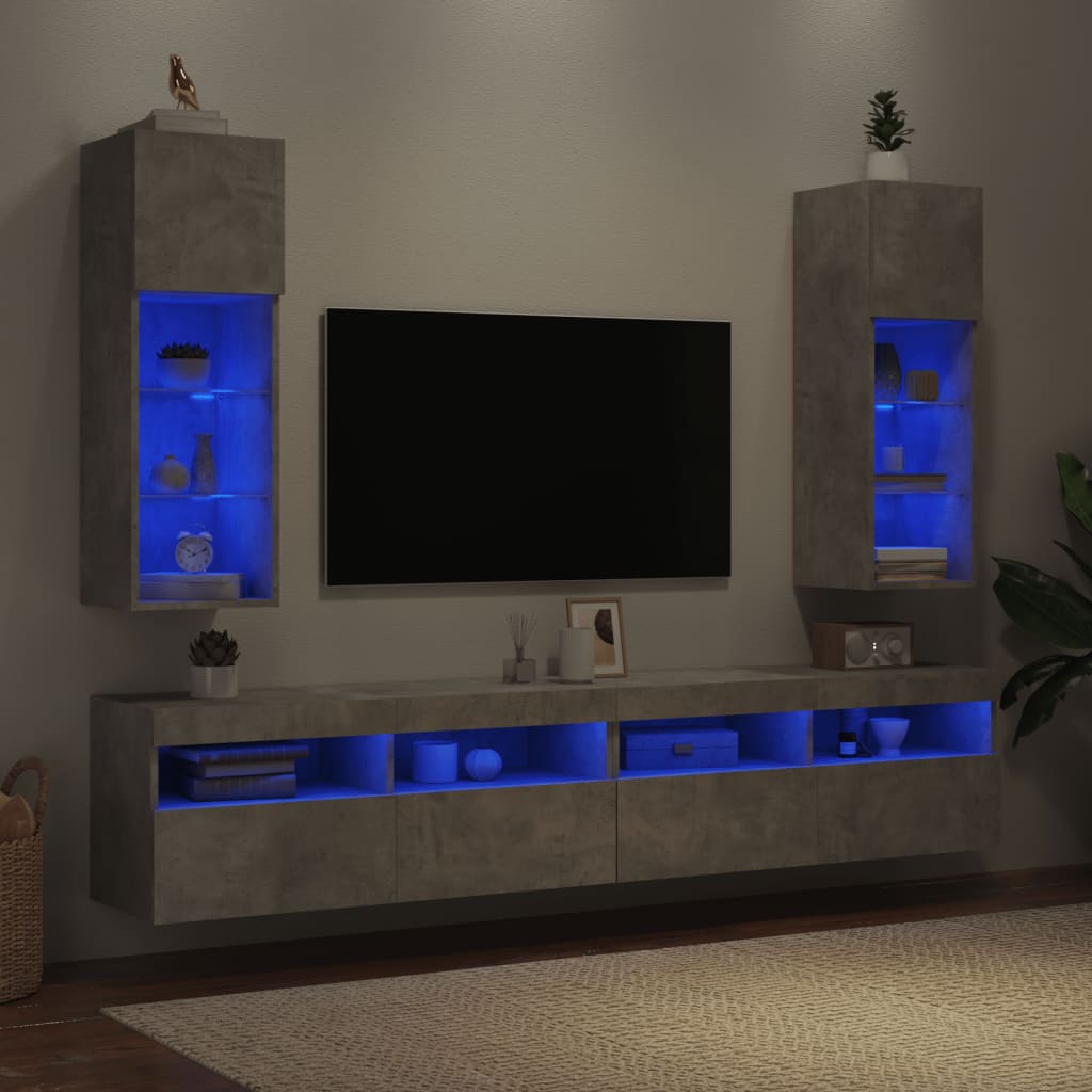 vidaXL Comode TV cu lumini LED, 2 buc., gri beton, 30,5x30x90 cm
