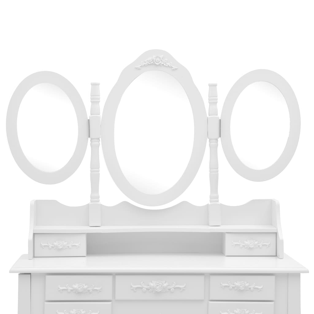 vidaXL Masă de toaletă cu taburet și oglindă triptic, alb