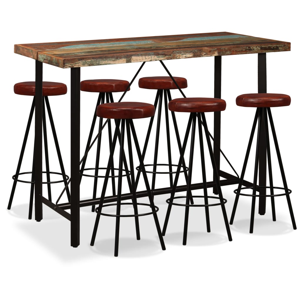 vidaXL Set mobilier bar, 7 piese lemn masiv reciclat și piele naturală