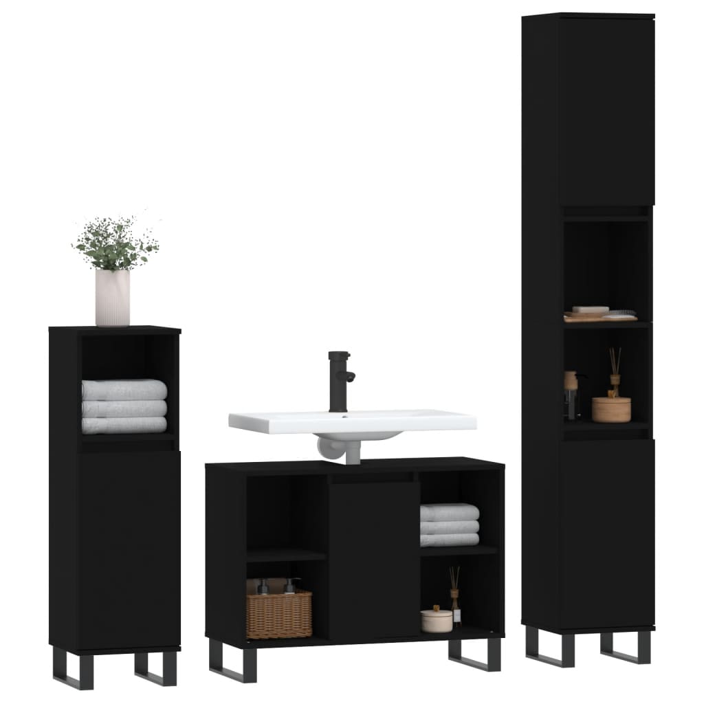 vidaXL Set mobilier de baie, 3 piese, negru, lemn compozit