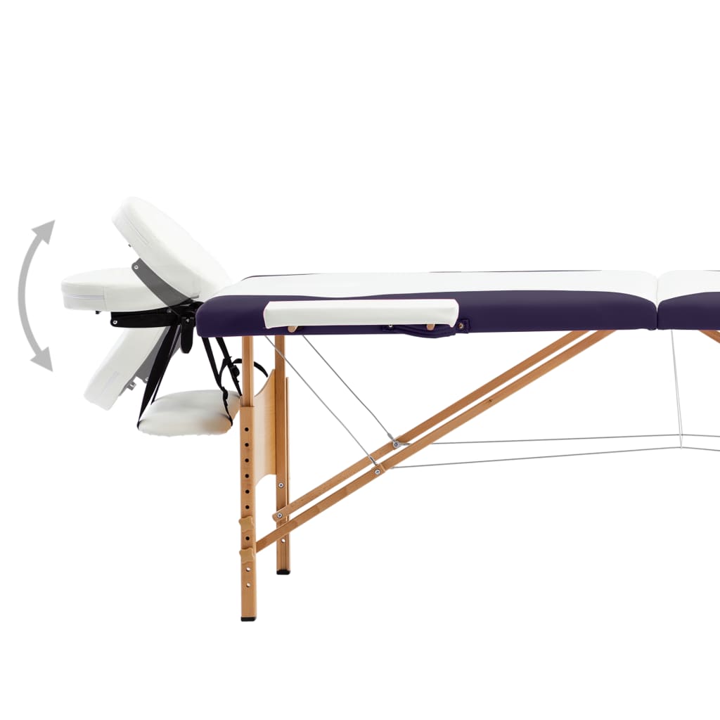 vidaXL Masă de masaj pliabilă, 2 zone, alb și violet, lemn