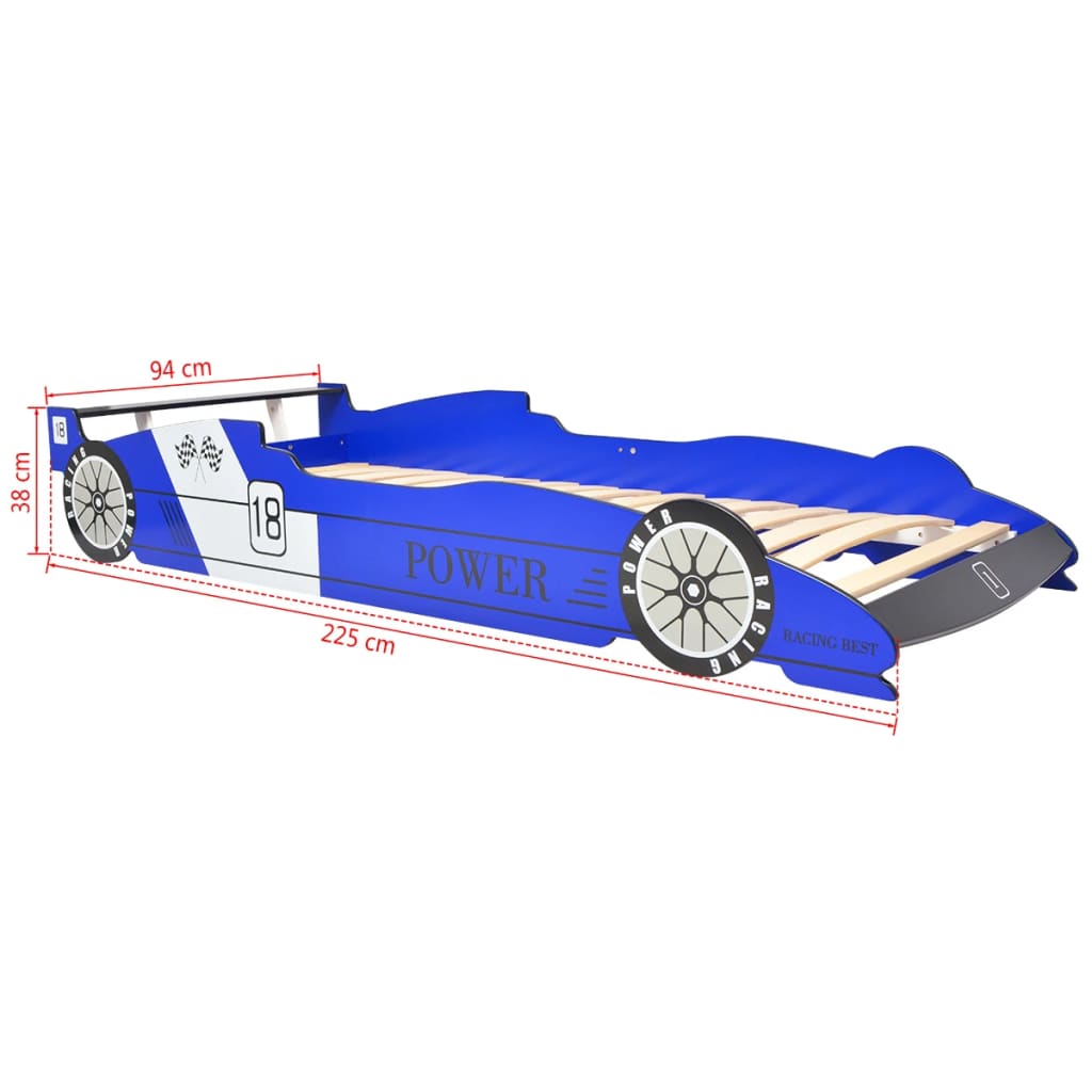 vidaXL Pat copii mașină de curse, cu LED, 90 x 200 cm, albastru