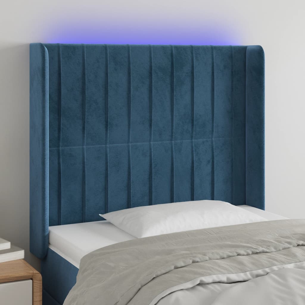 vidaXL Tăblie de pat cu LED, albastru închis, 83x16x118/128cm, catifea