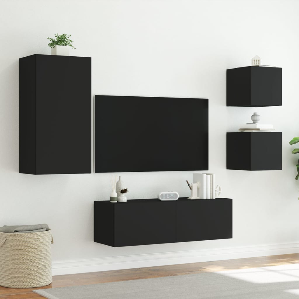 vidaXL Comode TV de perete cu lumini LED, 4 piese, negru