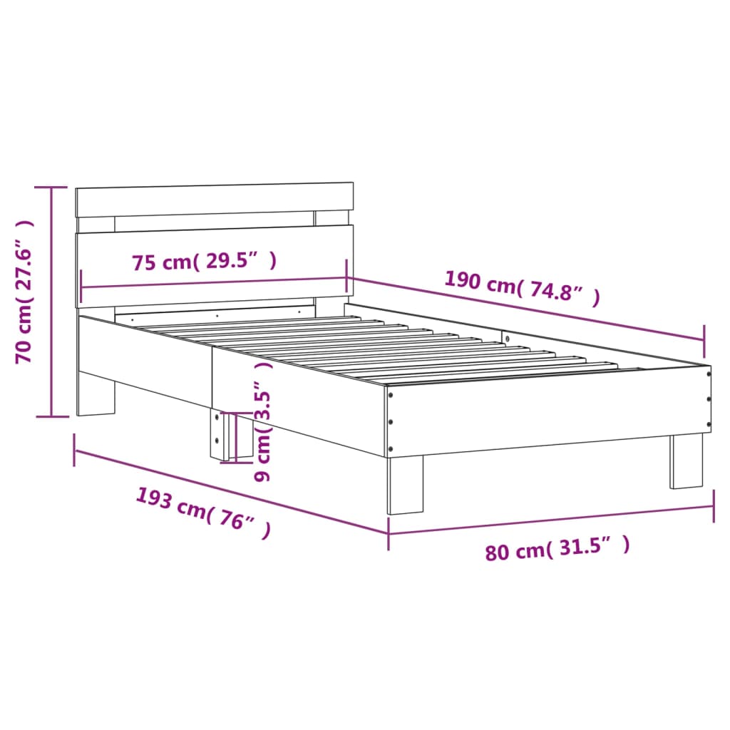 vidaXL Cadru de pat cu tăblie, negru, 75x190 cm, lemn prelucrat