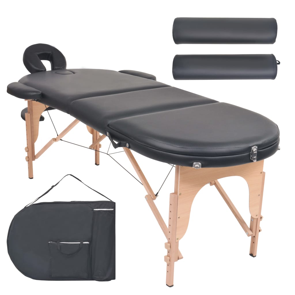 vidaXL Masă de masaj pliabilă, 4 cm grosime, cu 2 perne, negru, ovală