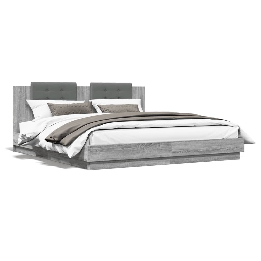 vidaXL Cadru de pat cu tăblie și lumini LED, gri sonoma, 180x200 cm