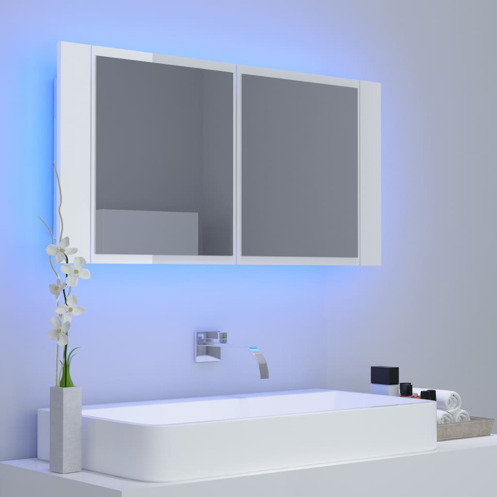 vidaXL Dulap de baie cu oglindă și LED, alb extralucios 90x12x45 acril
