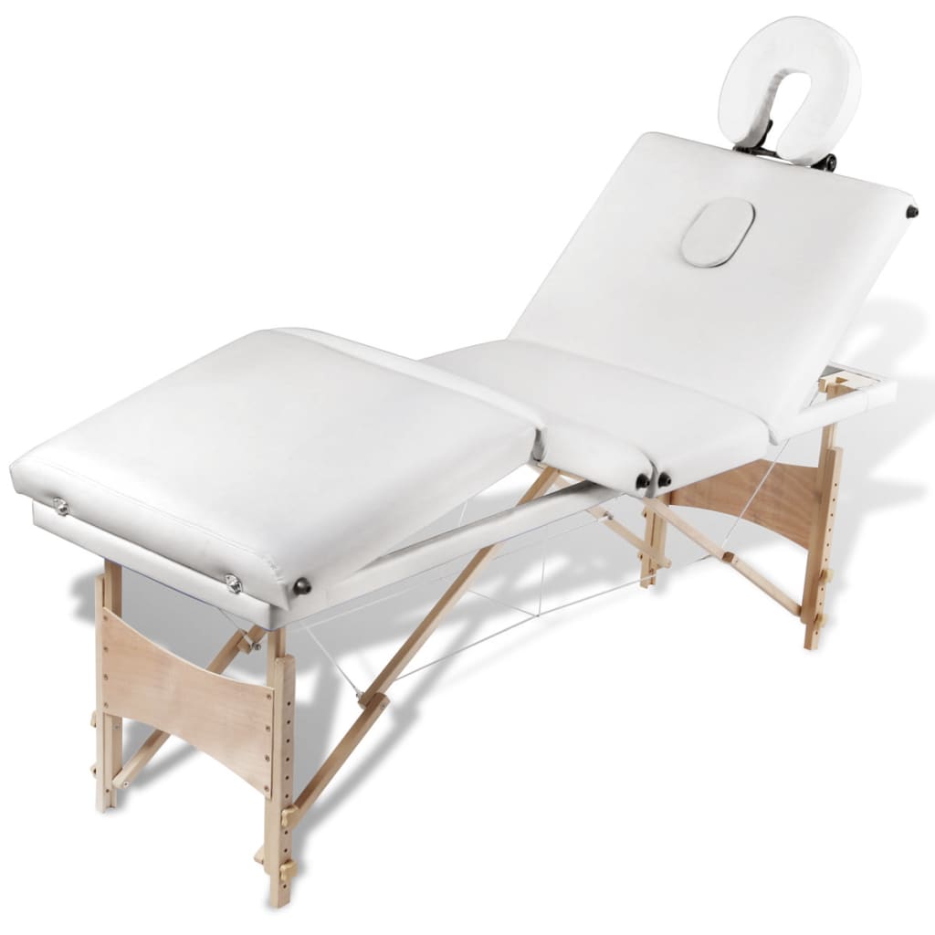 vidaXL Masă de masaj pliabilă, 4 zone, alb crem, cadru din lemn