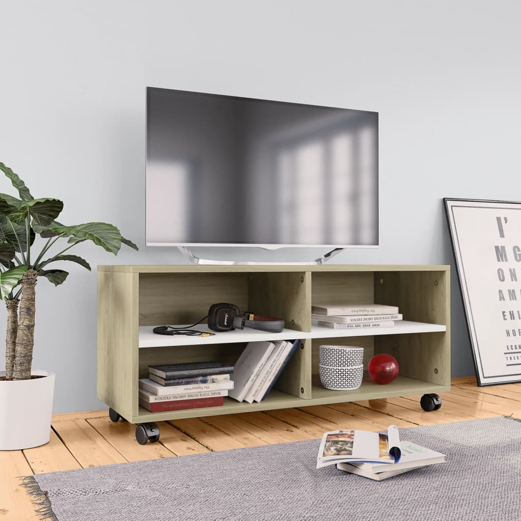 vidaXL Comodă TV cu rotile, alb & stejar Sonoma, 90x35x35, PAL