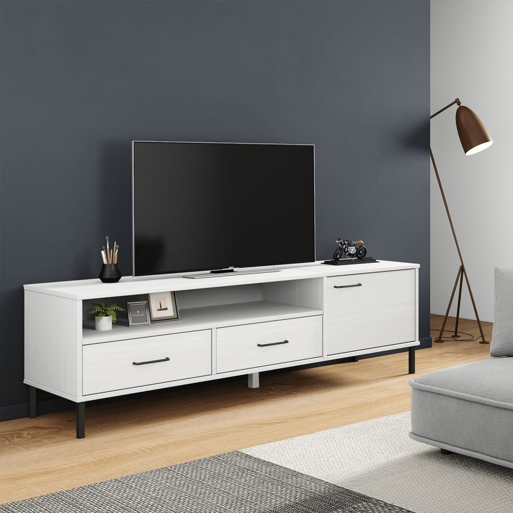 vidaXL Comodă TV cu picioare metalice „OSLO”, alb, lemn masiv pin