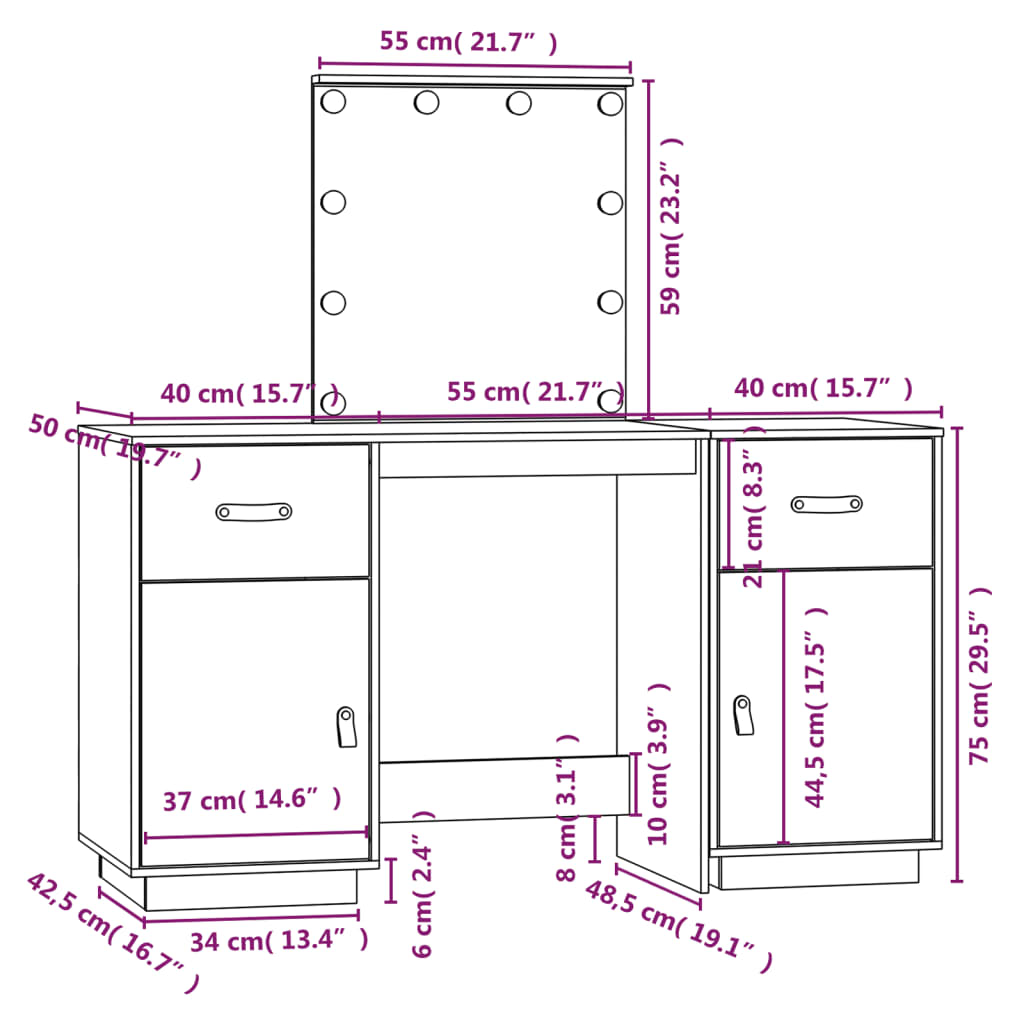 vidaXL Set de masă de toaletă cu LED, alb, lemn masiv de pin