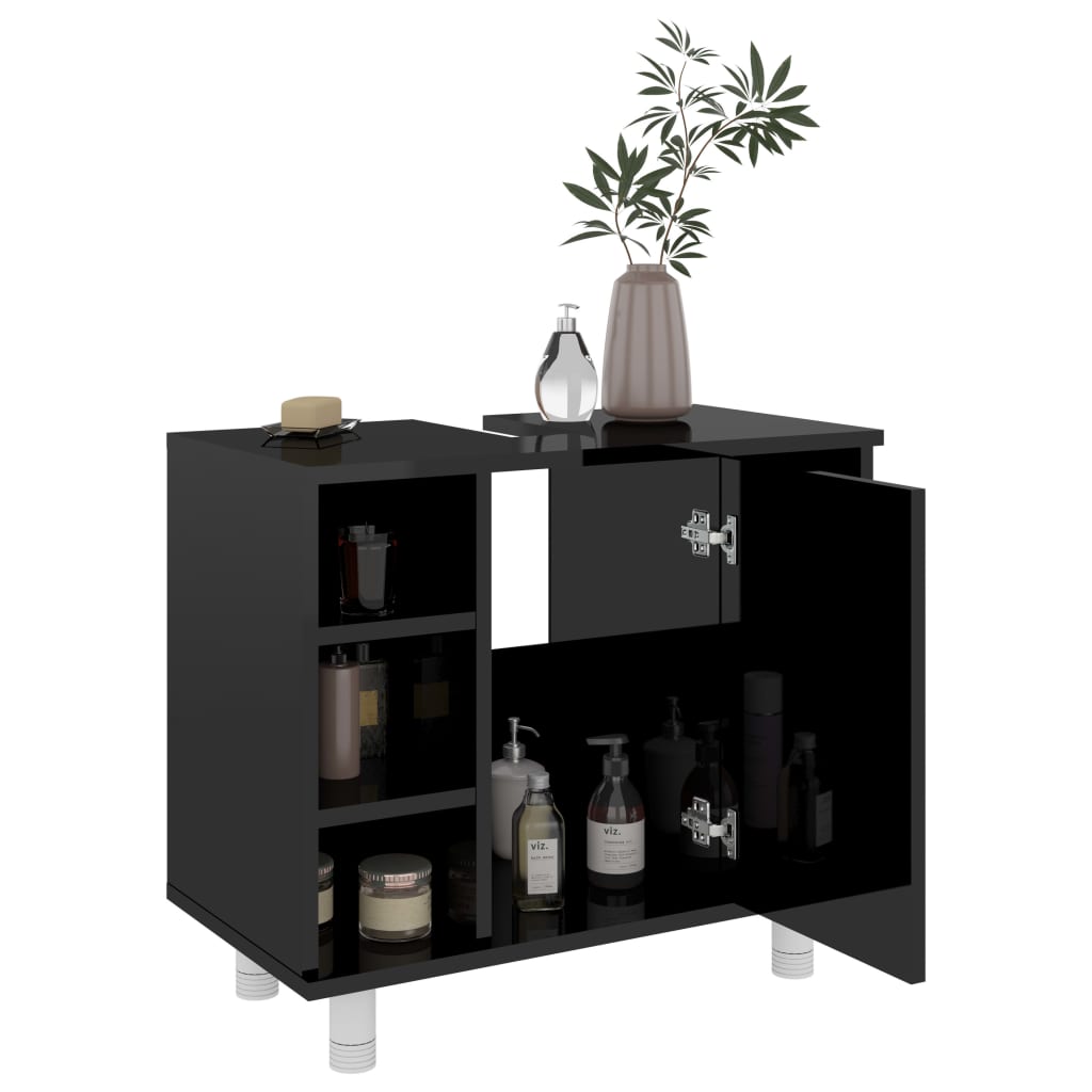 vidaXL Set mobilier baie, 3 piese, negru extralucios, lemn prelucrat
