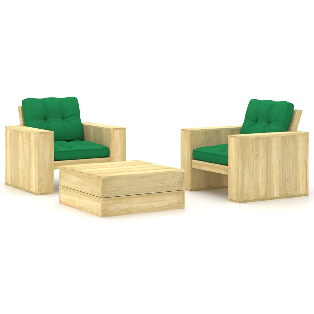 vidaXL Set mobilier de grădină cu perne, 3 piese, lemn de pin tratat