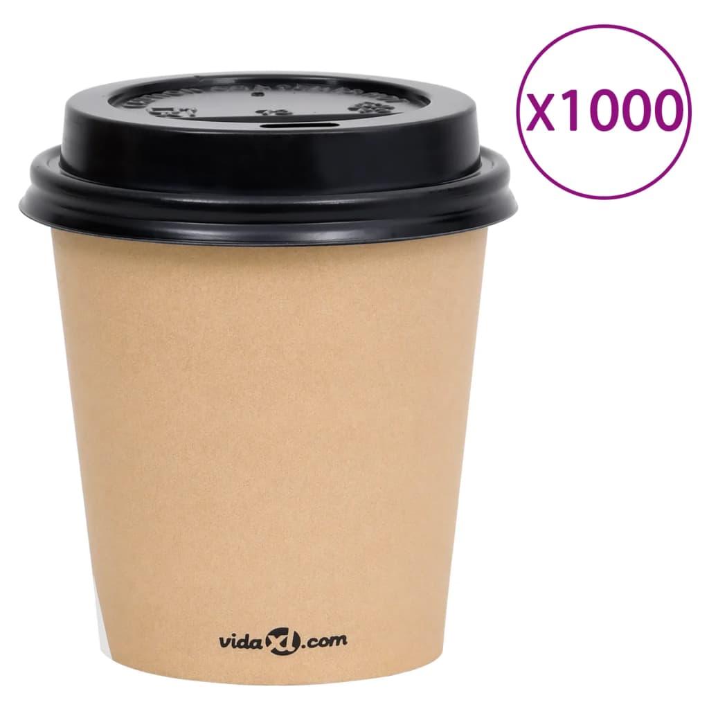 vidaXL Pahare de cafea de hârtie cu capace, 1000 buc., maro, 200 ml