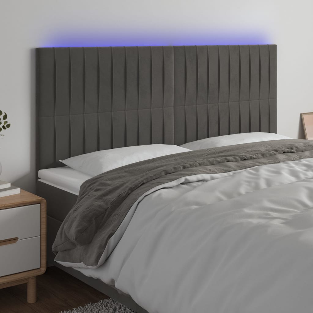 vidaXL Tăblie de pat cu LED, gri închis, 200x5x118/128 cm, catifea