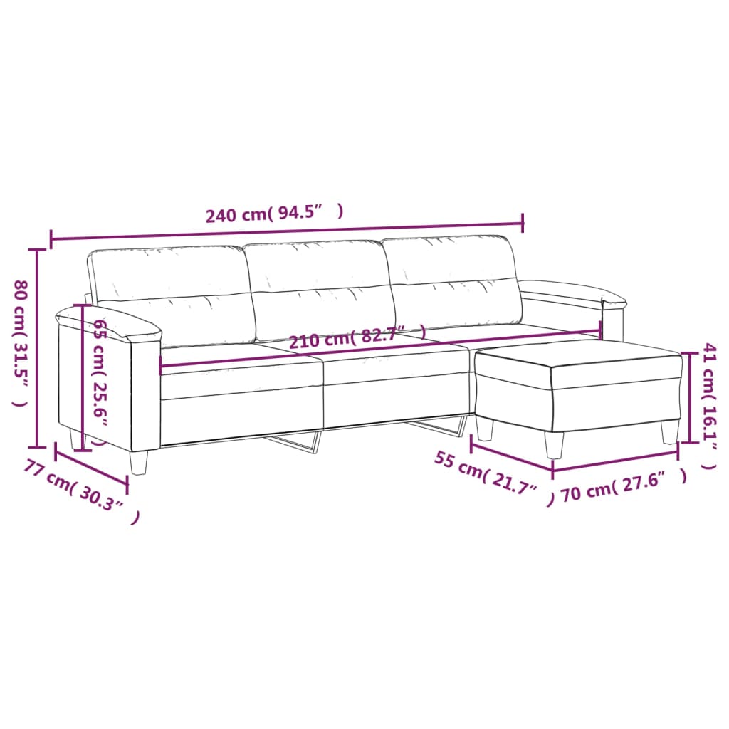 vidaXL Canapea cu 3 locuri și taburet, gri închis, 210 cm, microfibră