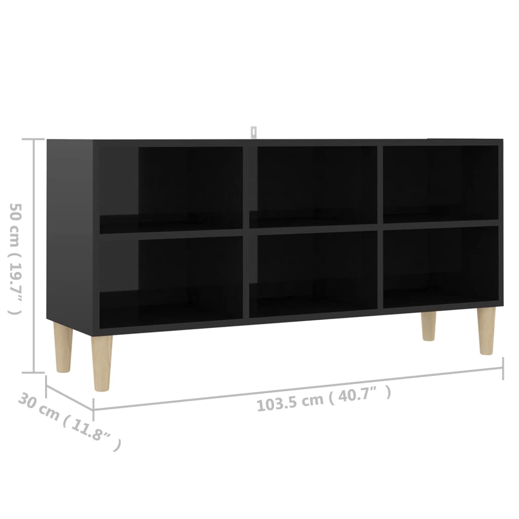 vidaXL Comodă TV, picioare lemn masiv, negru extralucios, 103,5x30x50 cm