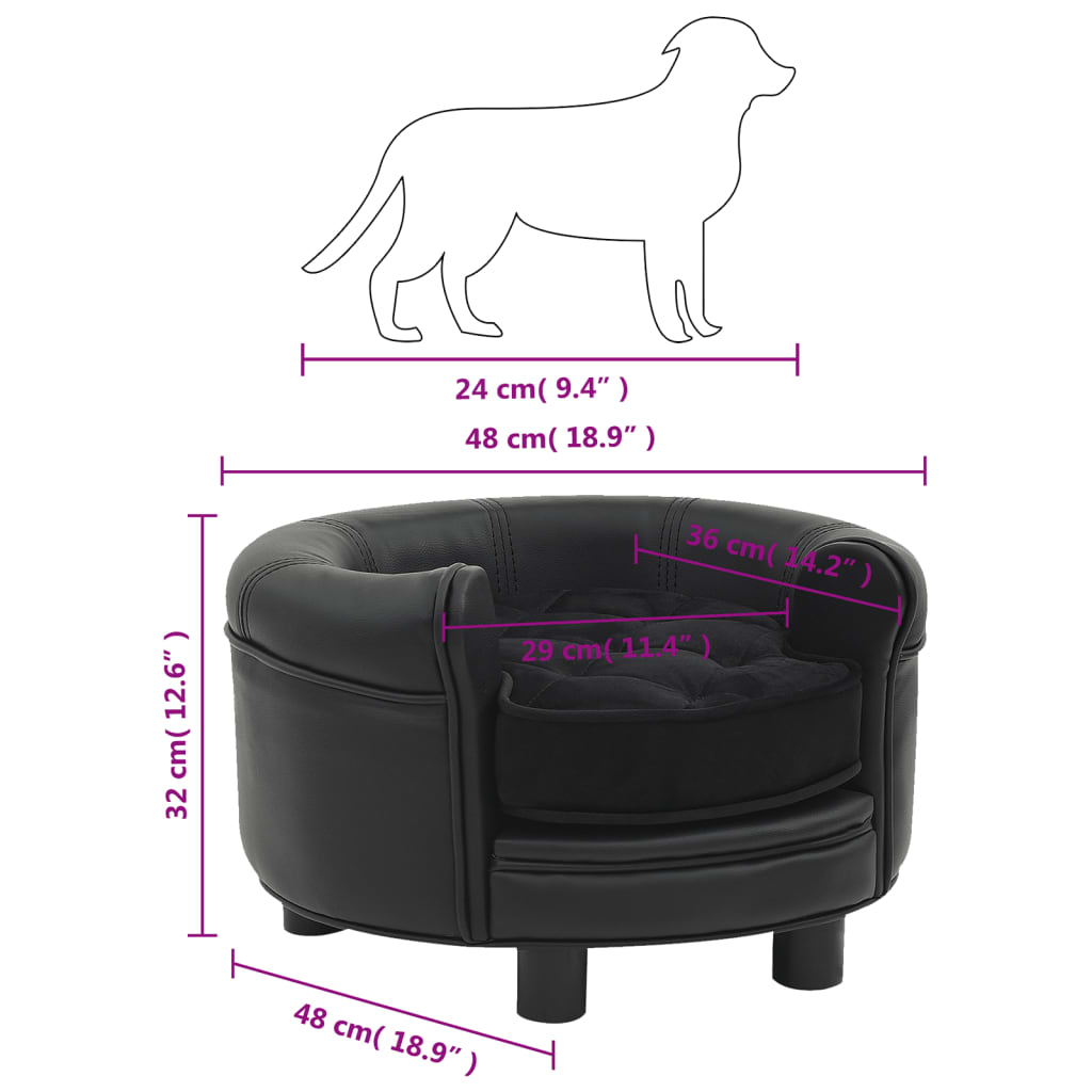 vidaXL Canapea pentru câini, negru, 48x48x32 cm, pluș&piele ecologică