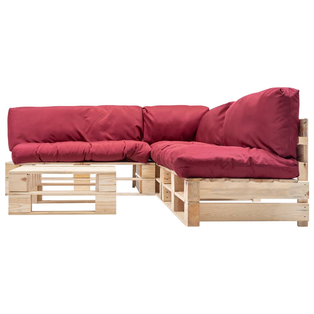 vidaXL Set mobilier de grădină paleți cu perne roșii, 4 piese, lemn