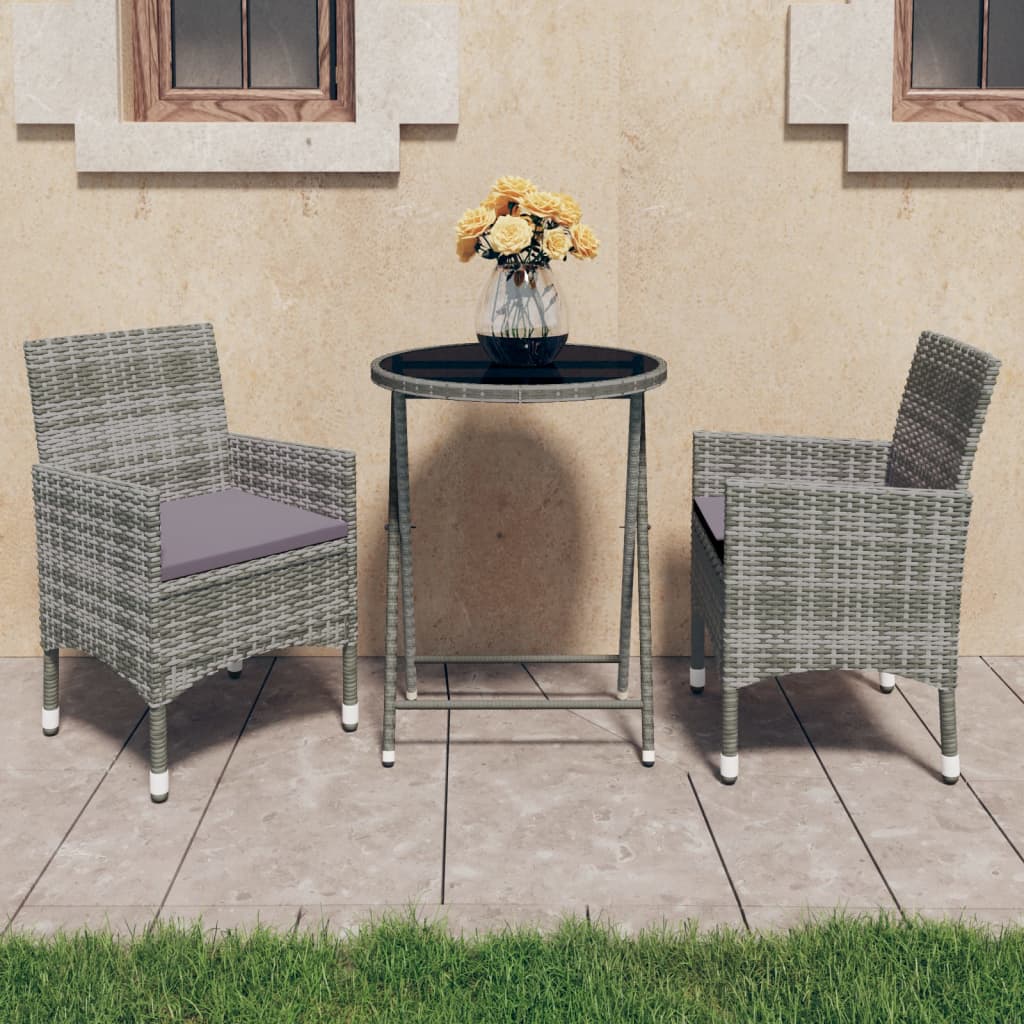 vidaXL Set mobilier bistro grădină, 3 piese, gri, poliratan și sticlă