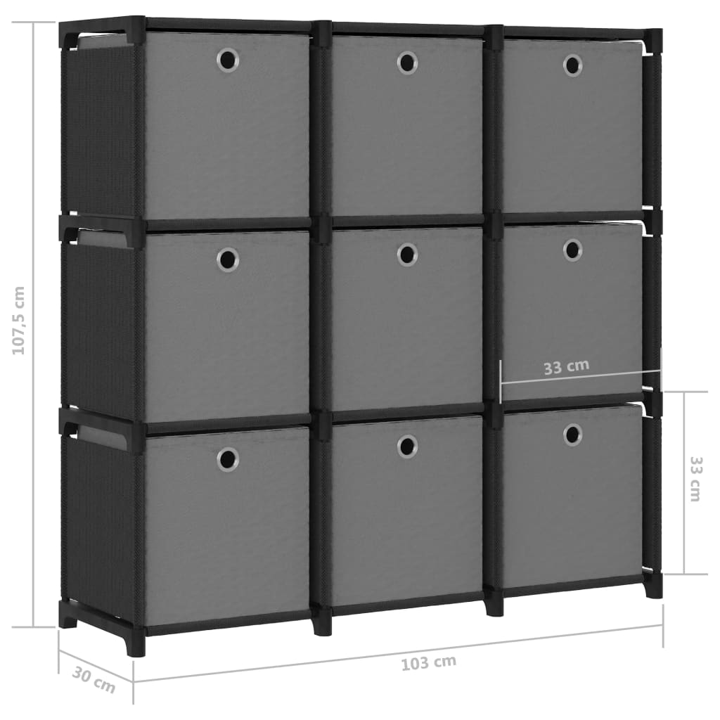 vidaXL Raft 9 cuburi cu cutii, negru, 103x30x107,5 cm, material textil