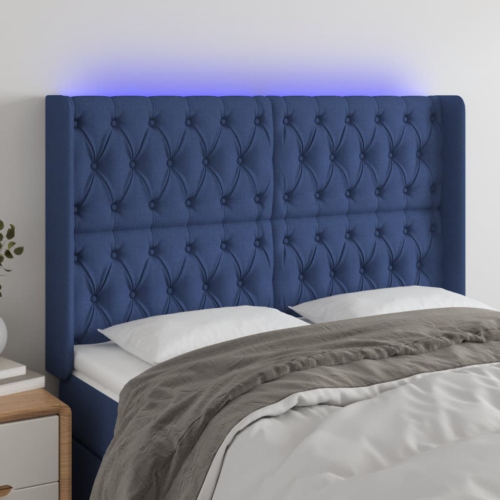 vidaXL Tăblie de pat cu LED, albastru, 163x16x118/128 cm, textil