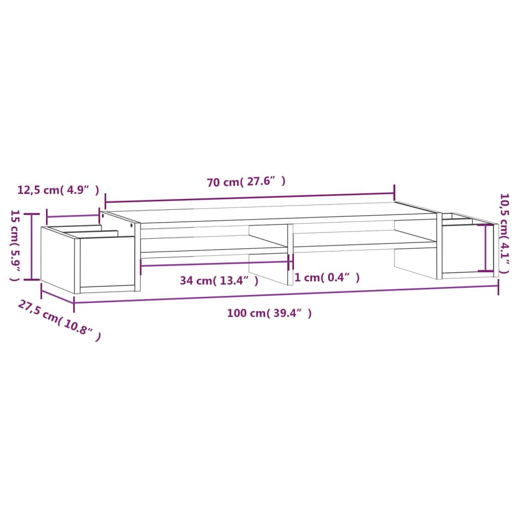 vidaXL Suport pentru monitor, alb, 100x27,5x15 cm, lemn masiv pin