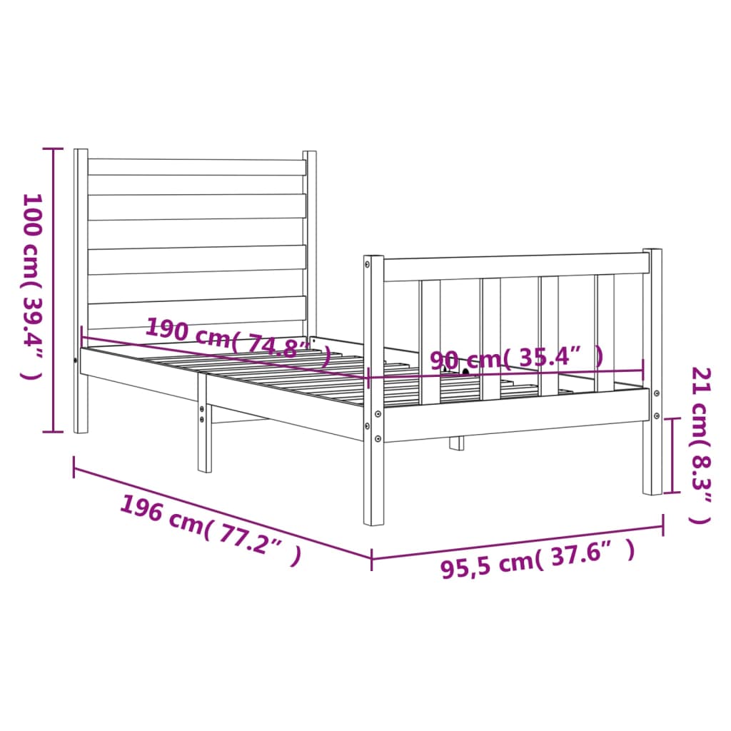 vidaXL Cadru de pat cu tăblie, negru, 90x190 cm, lemn masiv
