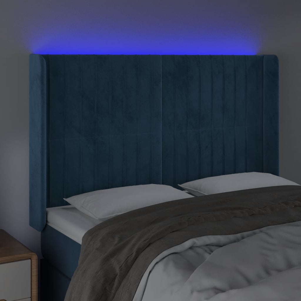 vidaXL Tăblie de pat cu LED, albastru închis, 147x16x118/128cm catifea