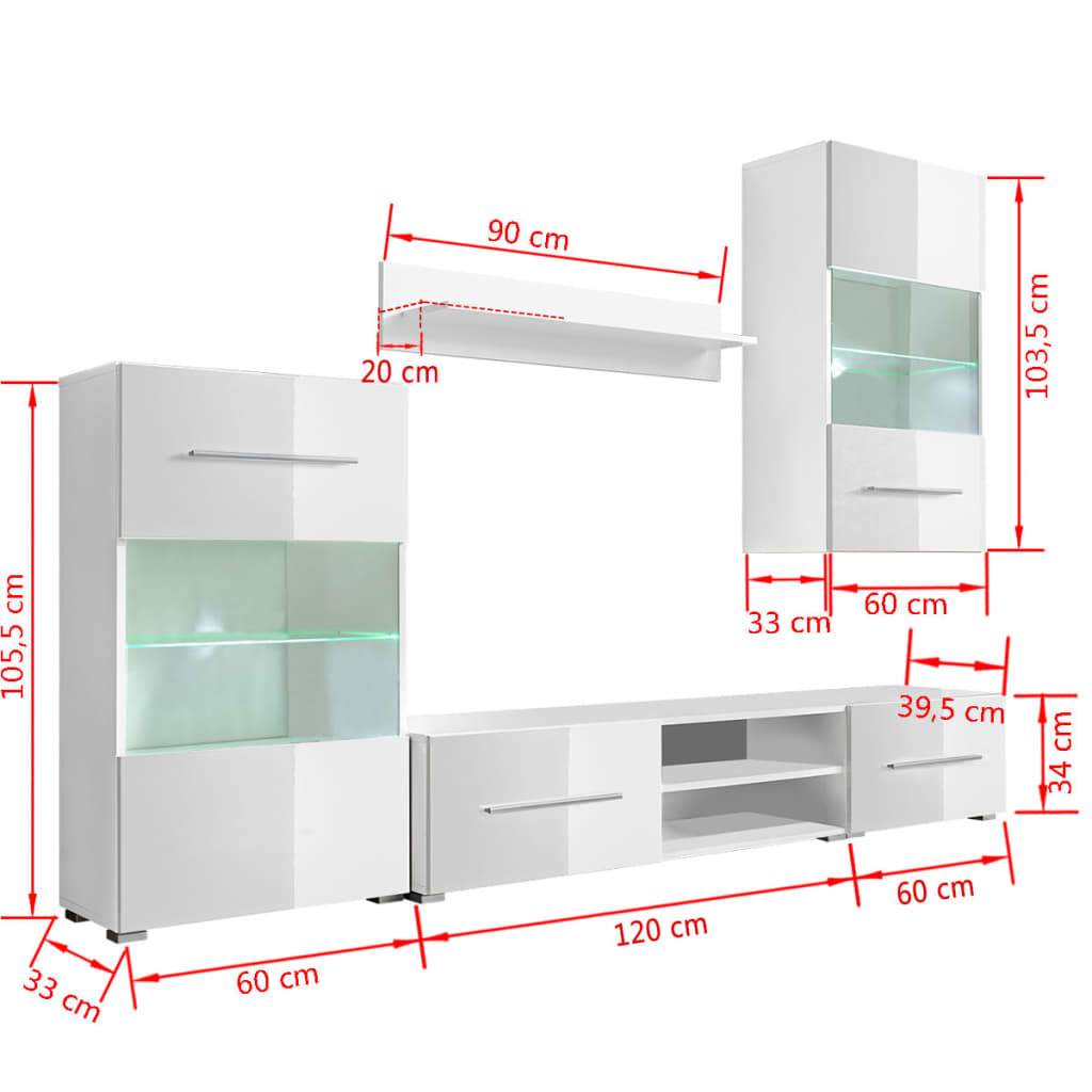vidaXL Set mobilier comodă TV de perete, 5 piese, iluminare LED, alb