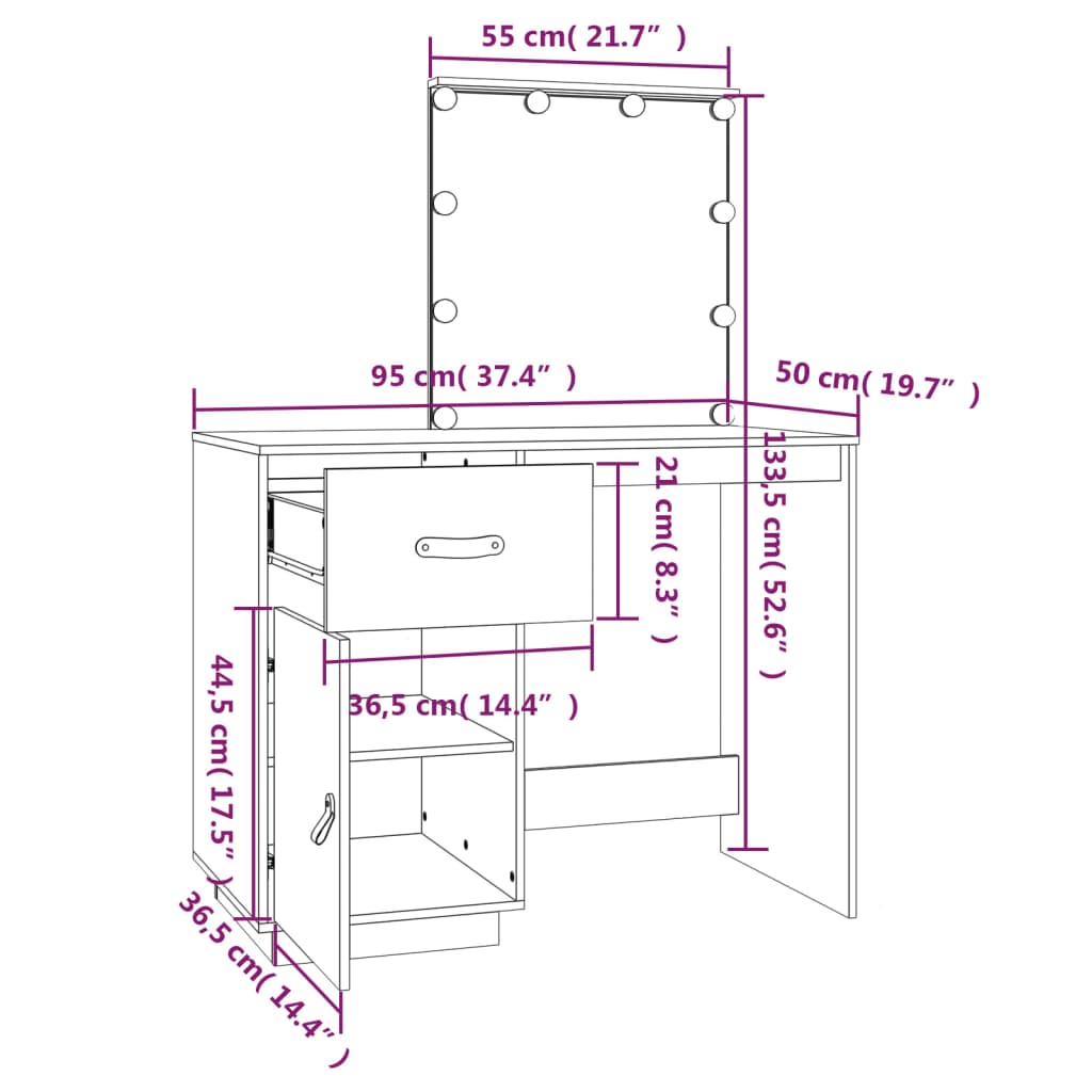 vidaXL Măsuță de toaletă cu LED, gri, 95x50x133,5 cm, lemn masiv pin