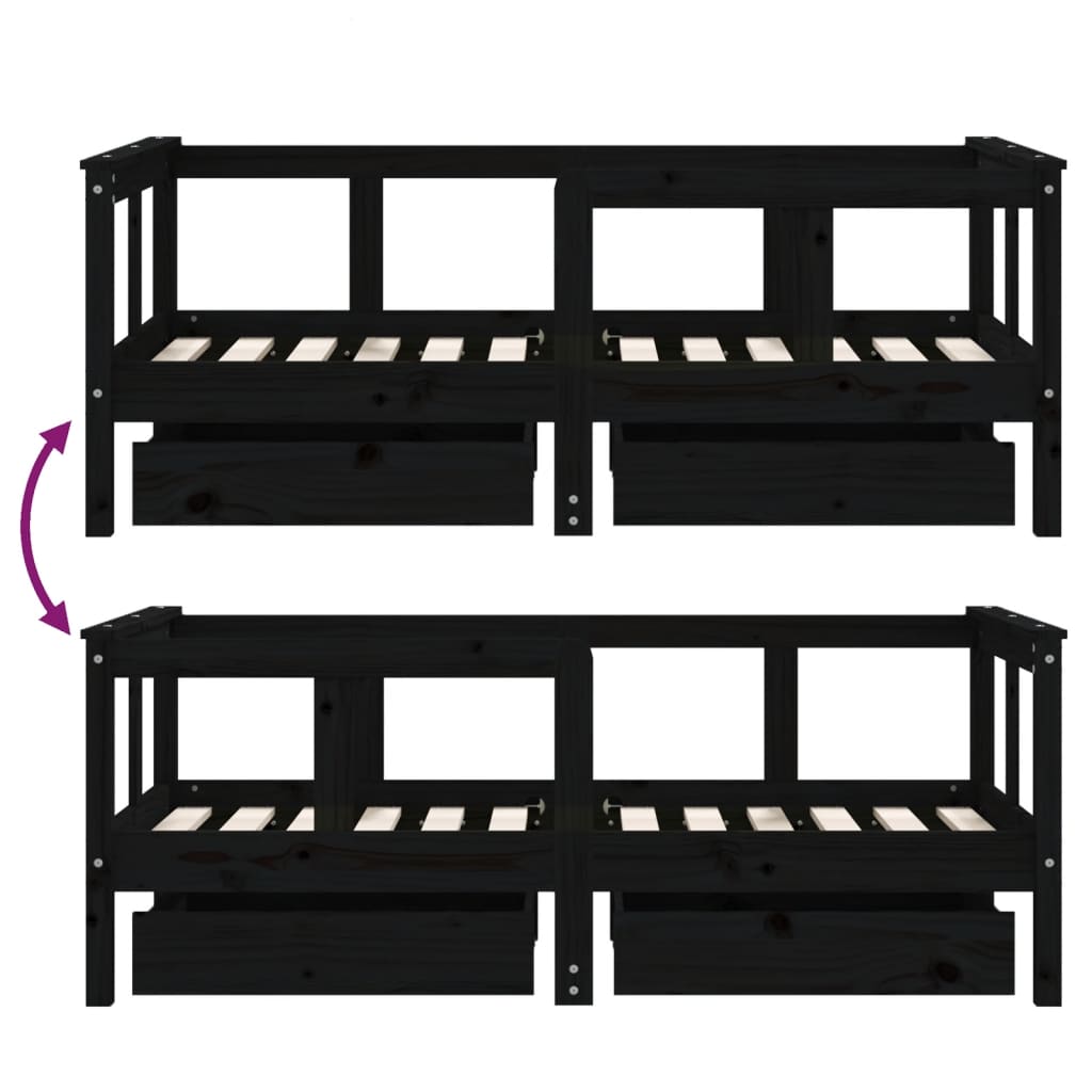 vidaXL Cadru de pat copii cu sertare, negru, 70x140 cm, lemn masiv pin