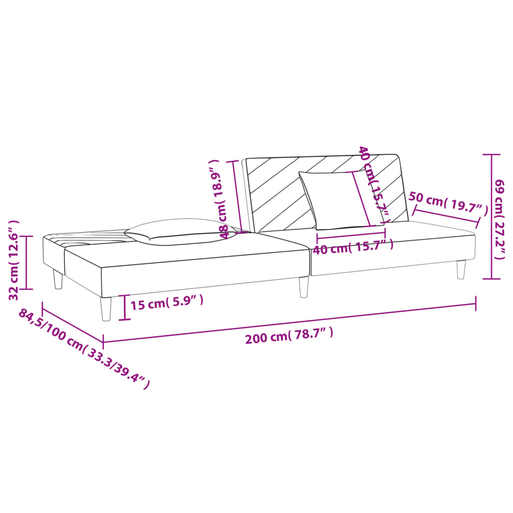 vidaXL Canapea extensibilă cu 2 locuri, 2 perne, crem, textil