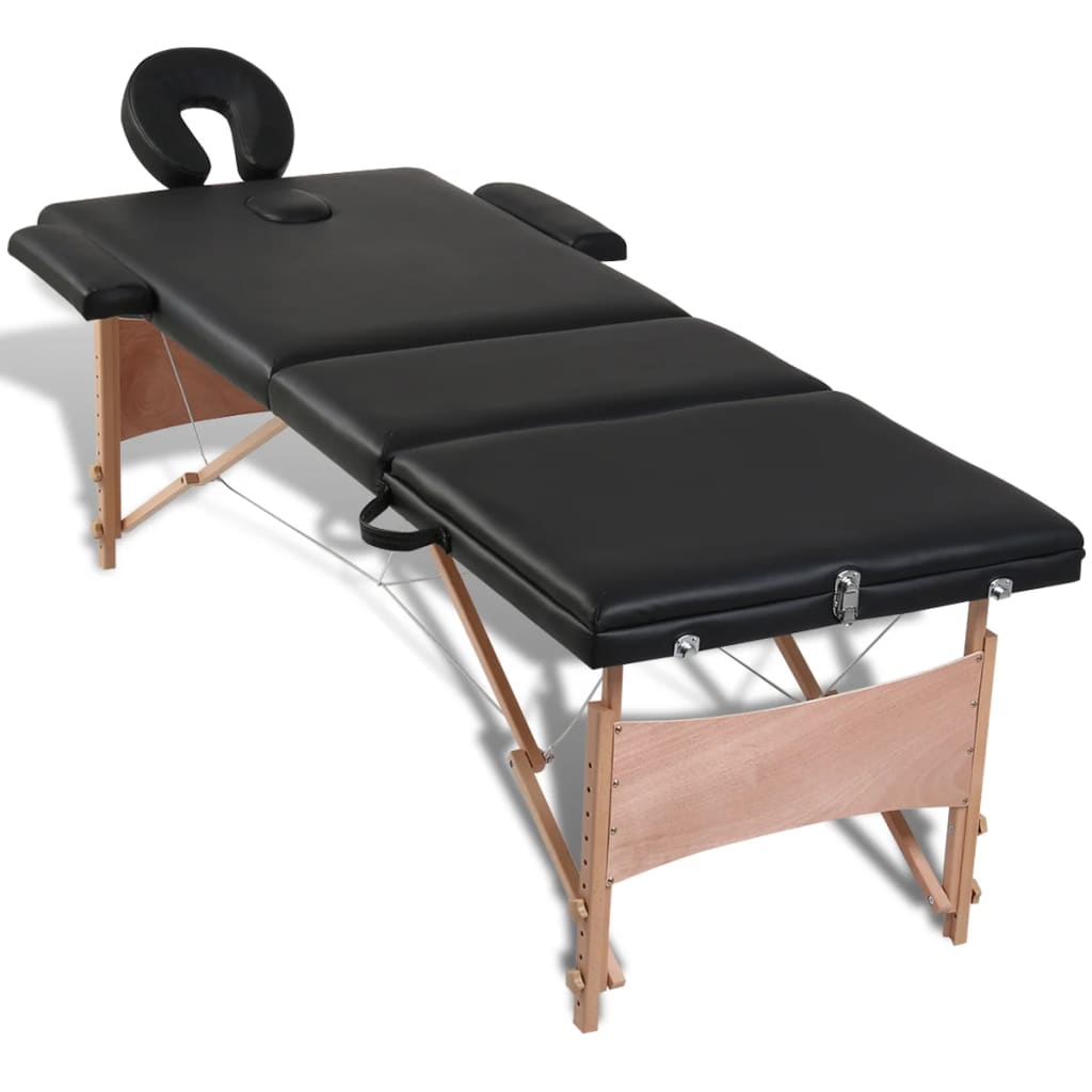 vidaXL Masă de masaj pliabilă, 3 zone, negru, cadru din lemn